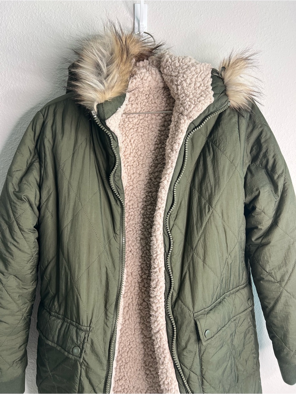 Altar'd State Olive Green Quilted Puffer Coat with Cream Sherpa Lining